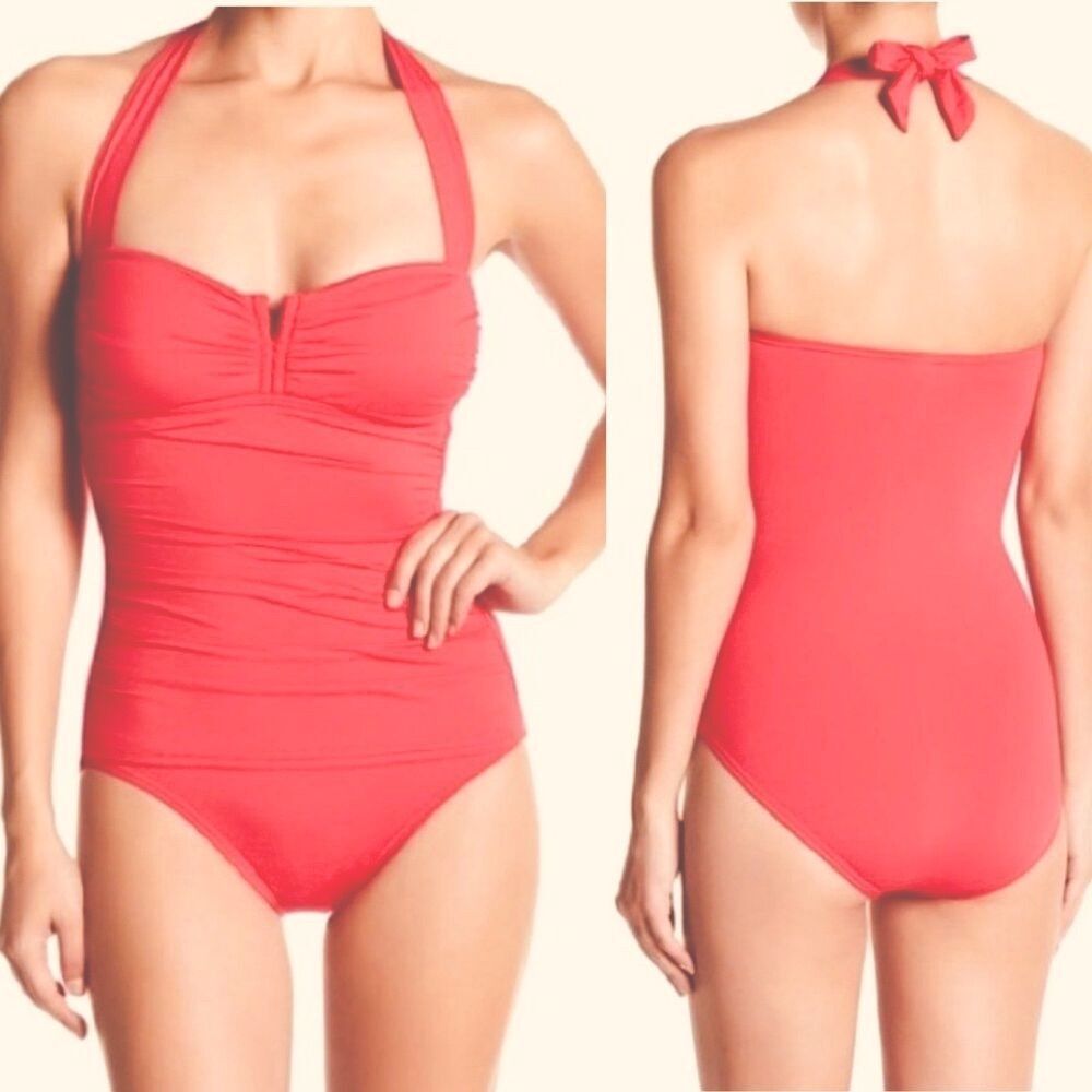 Tommy Bahama Coral Pink Halter One Piece Swimsuit Size 6 Retro Ruched Coverage